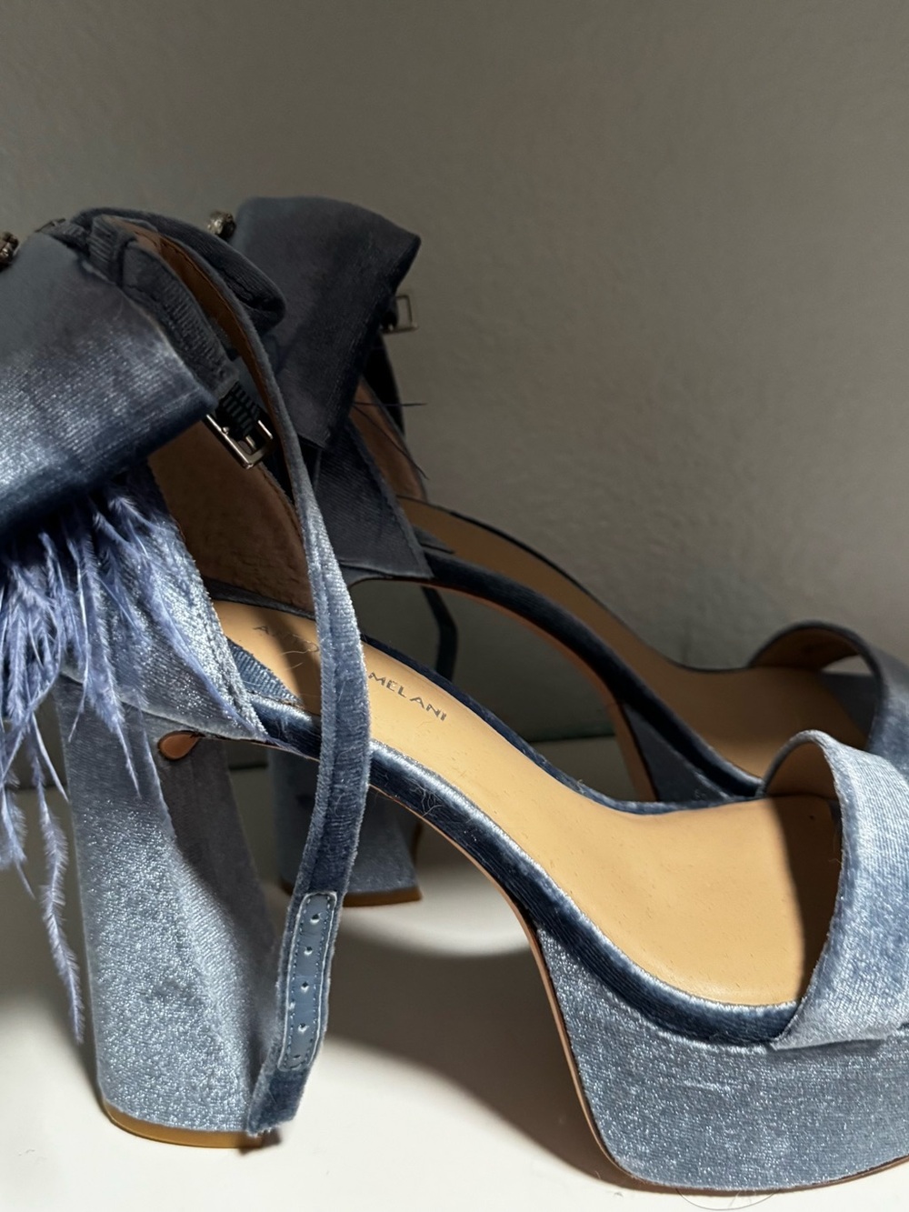 ANTONIO MELANI Blue Velvet Feather Platform Sandals